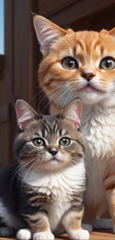 Two cute kittens on a wooden deck in bright sunlight.