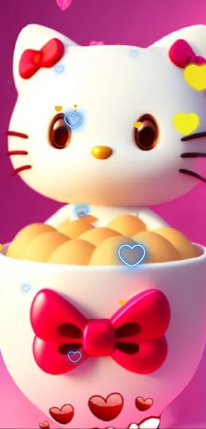 Adorable 3D kitty with red bow and hearts on pink background.