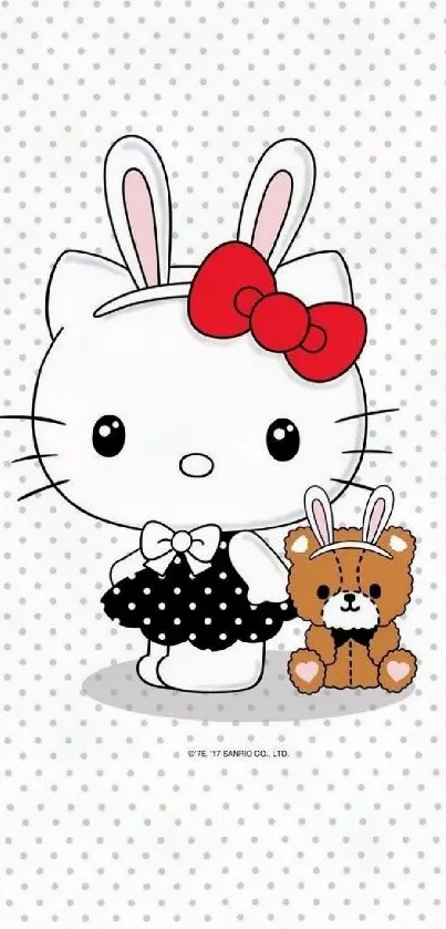 Cute cartoon kitty in bunny costume with teddy bear.