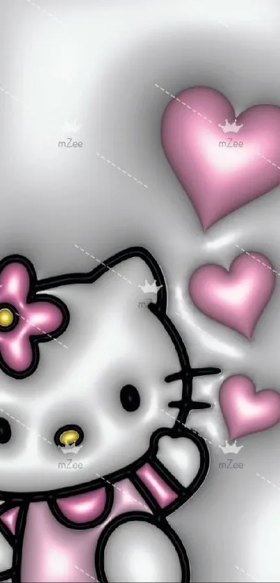 Cute kitty wallpaper with pink hearts on gray.