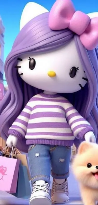 Hello Kitty character with purple hair and pink bow, walking a puppy in a city.