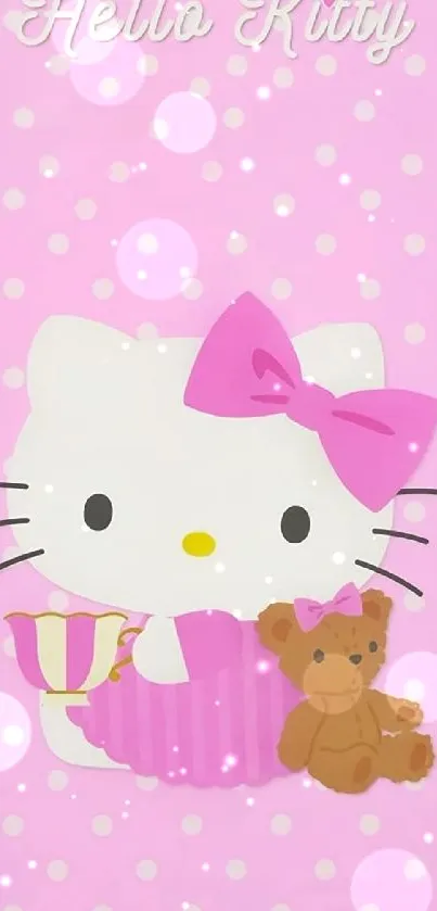 Cute kitty and teddy bear on pink background.