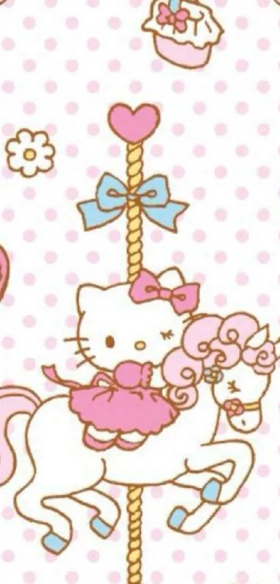 Cute kitty on a carousel horse in pink hues.