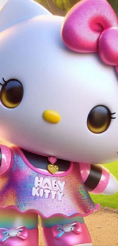 Cute cartoon of kitty with pink bow and colorful outfit.