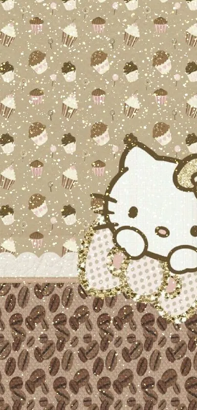 Adorable kitty with cupcake design on beige wallpaper.