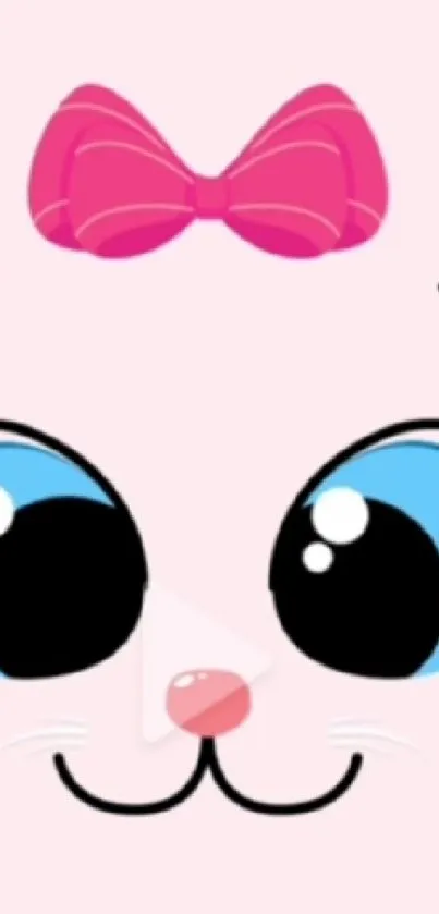 Cute kitty face with pink bow and blue eyes on a light pink background.