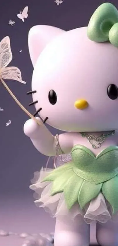 Cute cartoon kitty in a fairy costume holding a butterfly wand.