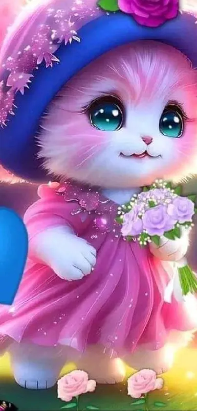 Cute kitty in floral hat with roses and butterflies.