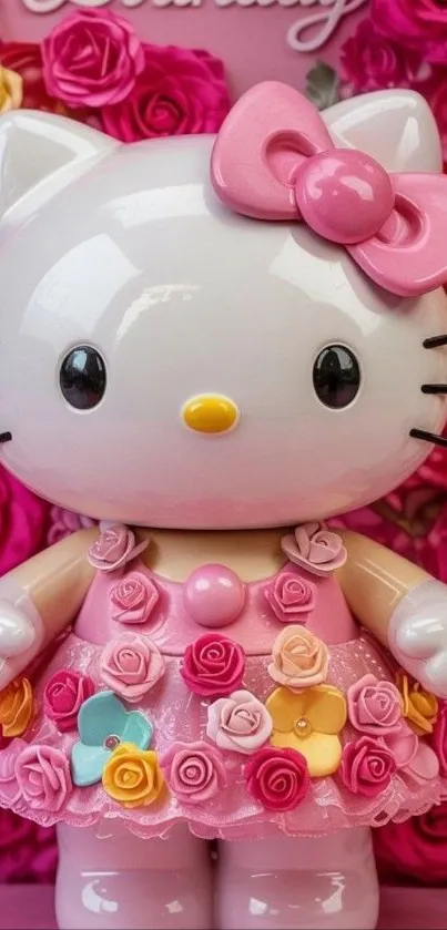 Hello Kitty figurine in a floral dress with a rose background.