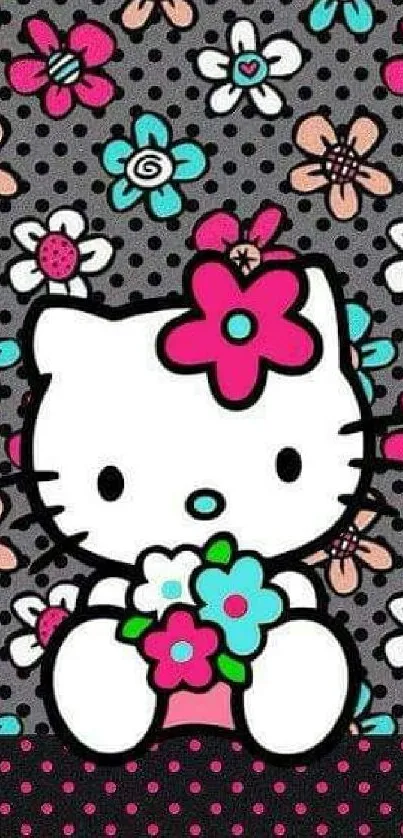 Cute kitty surrounded by floral patterns on gray background.