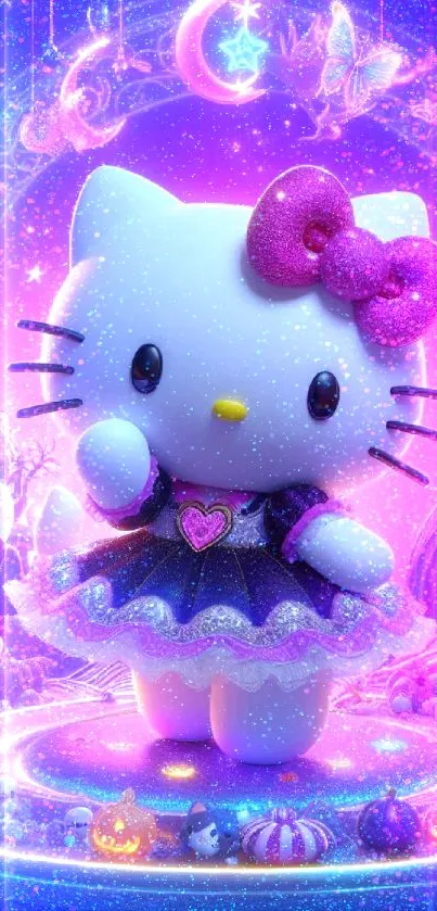 Cute kitty in a magical Halloween setting with vibrant colors.