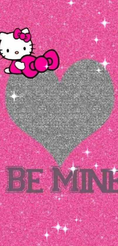 Pink glitter wallpaper with Hello Kitty, heart, and 'Be Mine' text.