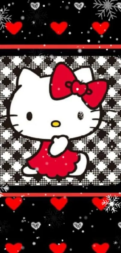 Cute kitty with red bow and heart pattern wallpaper.