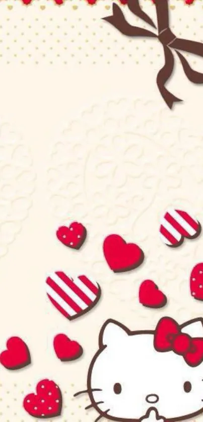 Cute kitty and red hearts wallpaper with bow design.