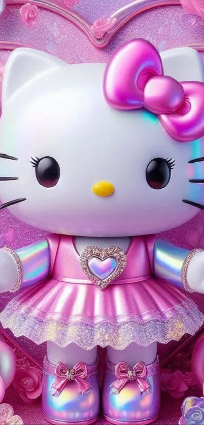 Cute Hello Kitty in a pink dress with heart motifs.