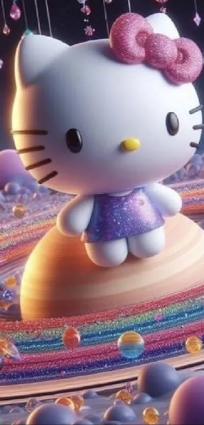 Kawaii kitty in cosmic space with colorful elements.