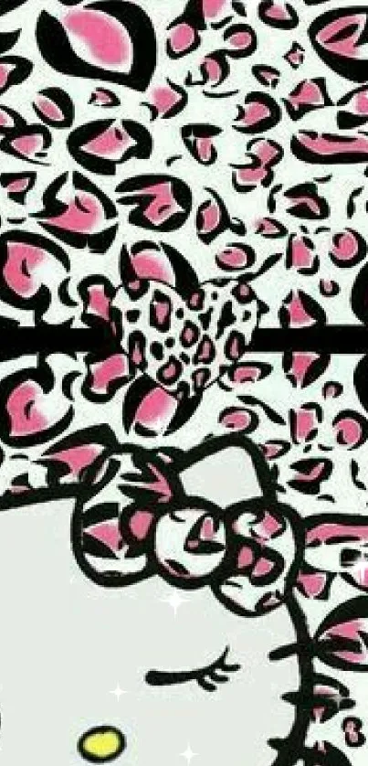 Cute kitty wallpaper with pink leopard print and a playful heart design.