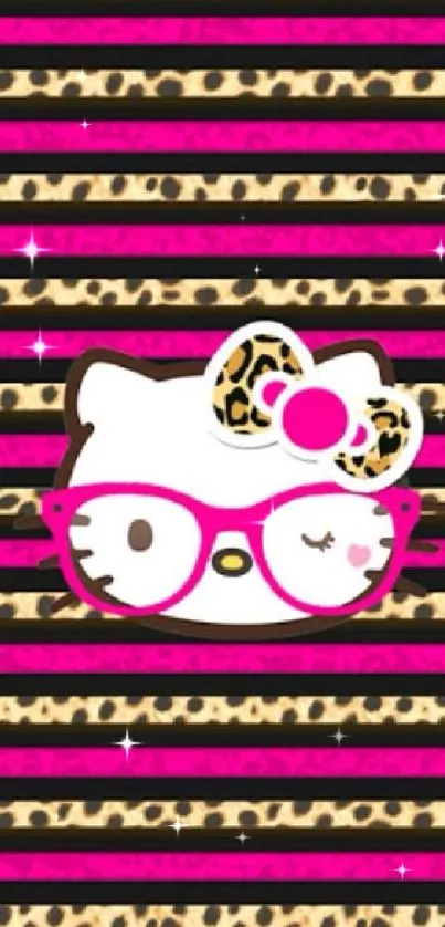 Kitty with leopard bow and pink glasses on striped background.