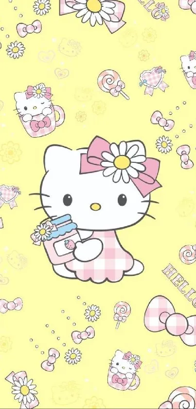 Cute pastel kitty with bows and daisies on a light yellow background.