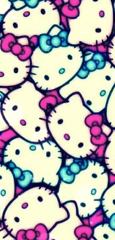 Mobile wallpaper with cute kitty faces and colorful bows.