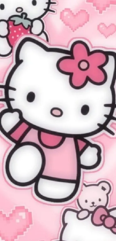 Adorable pink wallpaper featuring a cute cartoon kitty with hearts and a flower bow.