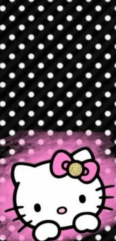 Cute kitty with bow on polka dot wallpaper.