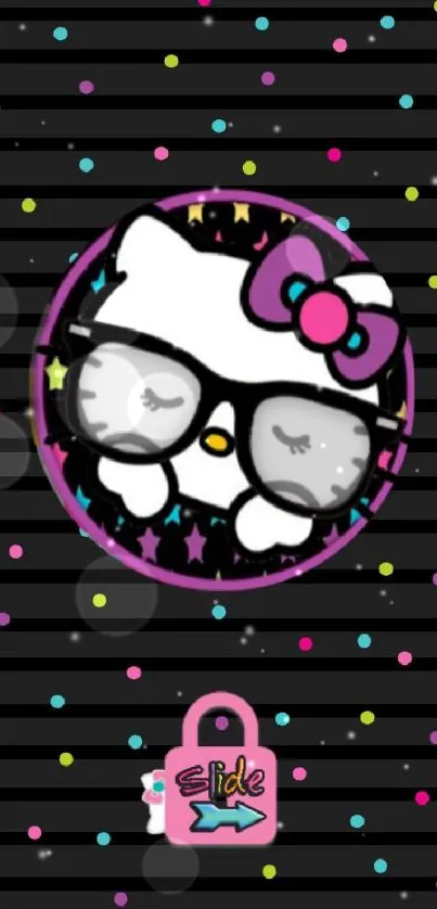 Cartoon kitty with glasses on polka dot phone wallpaper.