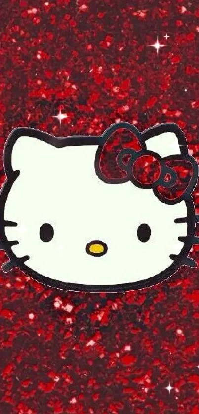 Cute kitty face on red glitter wallpaper.