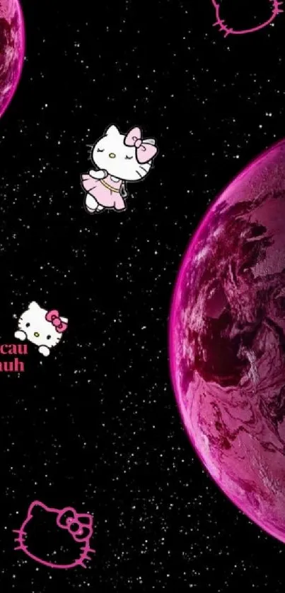 Cute kitty in space with pink planets and stars.