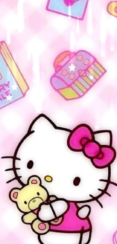 Adorable Hello Kitty wallpaper with pink hues and cute accessories.