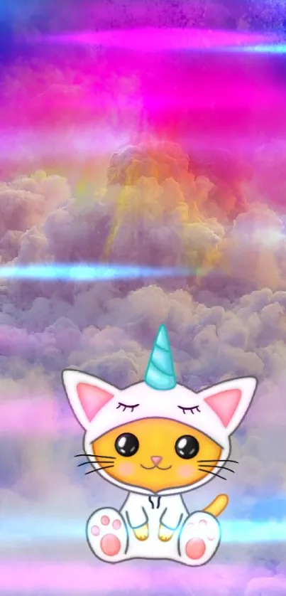 Cartoon cat with unicorn horn on colorful clouds.