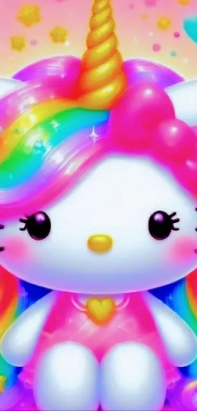 Cute kitty unicorn with rainbow mane and pink dress.