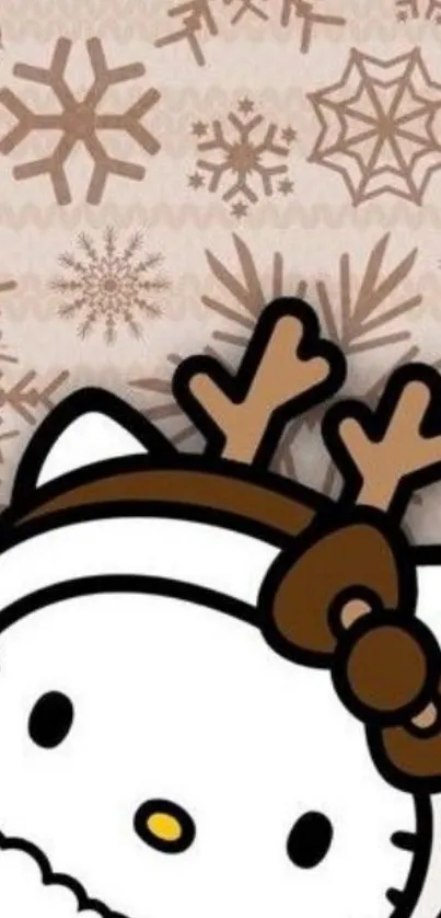 Cute cartoon kitty with antlers on brown snowflake background.