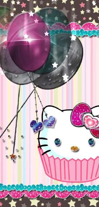 Cute kitty in cupcake with balloons on colorful striped background.