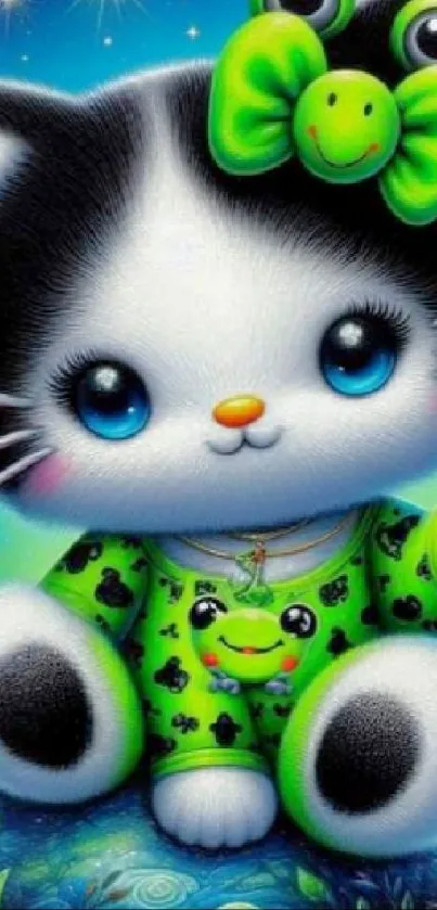 Adorable cartoon kitten with blue eyes and green outfit on a colorful background.