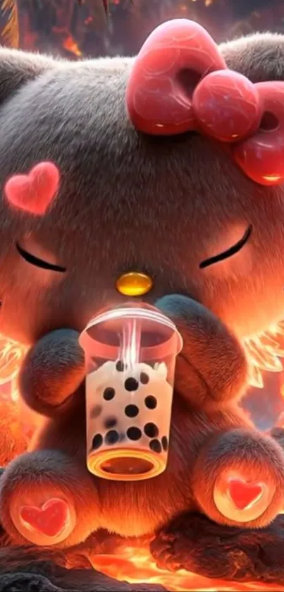 Adorable cartoon kitty with bubble tea, vibrant colors.