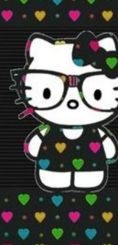 Cute kitty with glasses, colorful hearts on dark background.