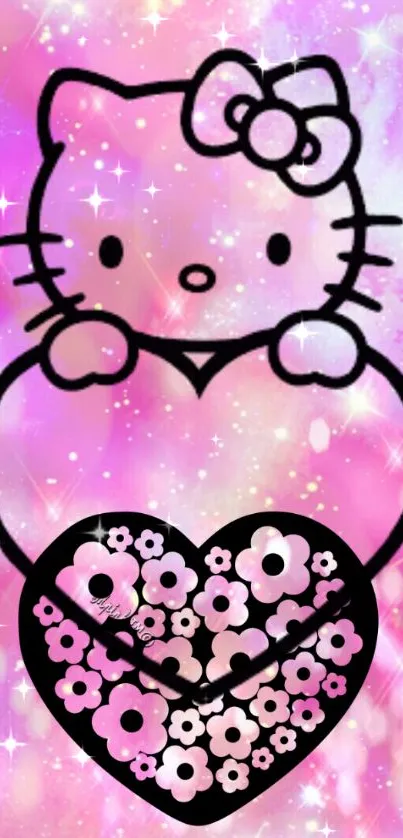 Cute pink kitty holding a floral heart on shimmering background.