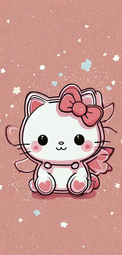 Cute kitty with pink bow and wings on a soft pink background.