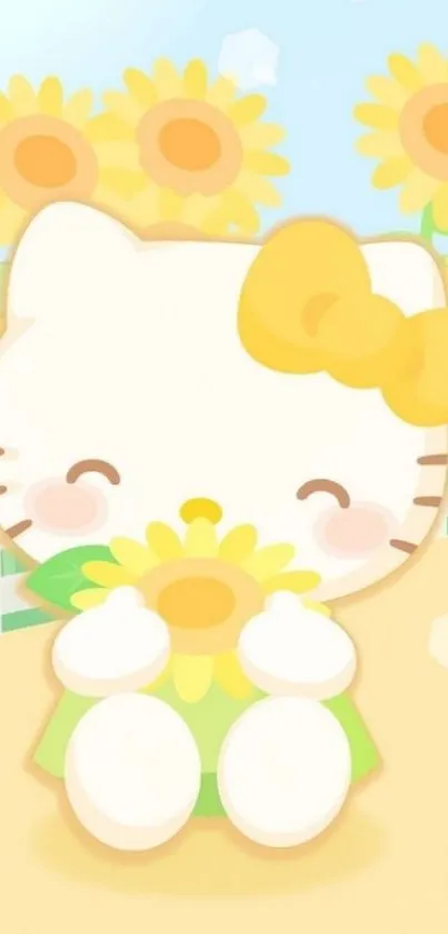 Cute kitty hugging sunflower in bright wallpaper.