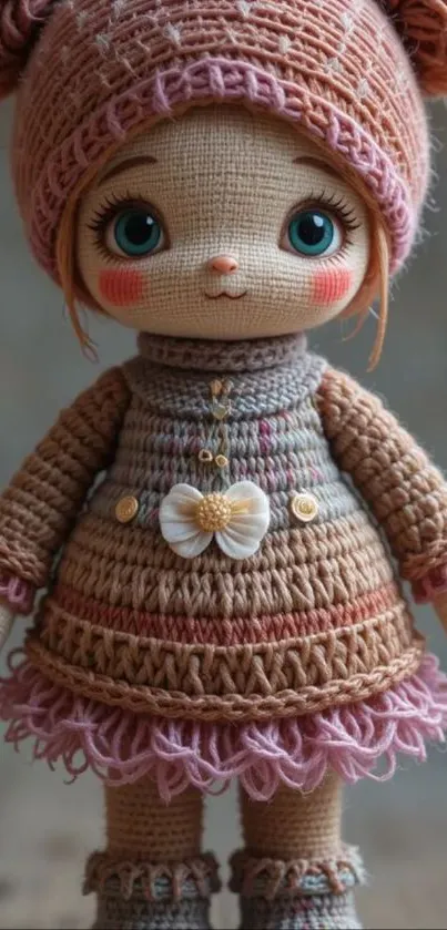 Knitted doll with blush cheeks and cozy outfit.