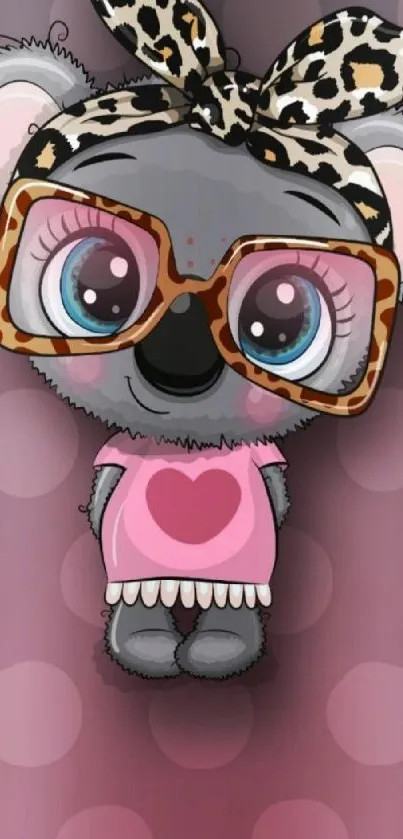 Cute koala cartoon with glasses and leopard headband on pink polka dots background.