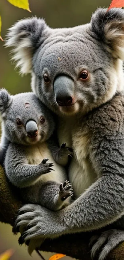 Cute koala mother and baby sitting together on a tree branch.