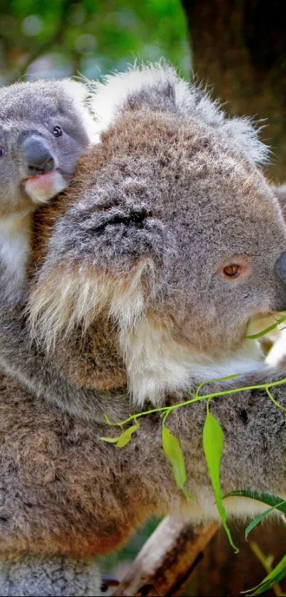 Koala with baby on branch, lush green background wallpaper.