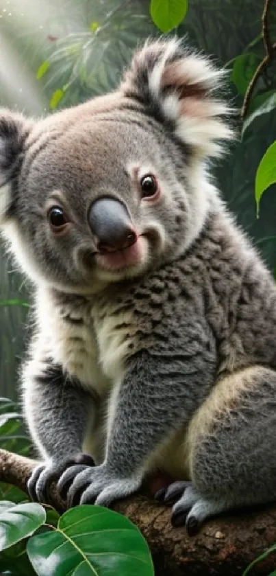 Adorable koala perched in a lush green forest.