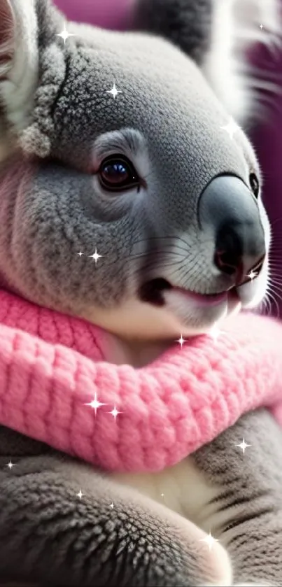 Adorable koala with pink scarf on purple background.