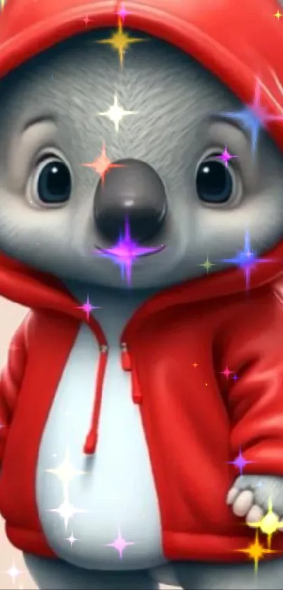 Adorable koala in a red hoodie, cartoon style.