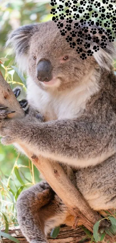 Cute koala resting on a tree branch amidst green foliage.