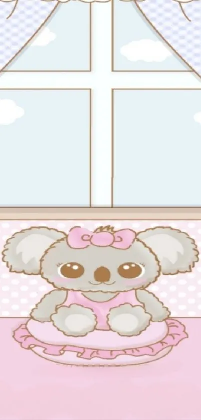 Cute pastel koala nursery wallpaper with window background.