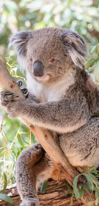 Cute koala resting on eucalyptus tree in vibrant green setting.